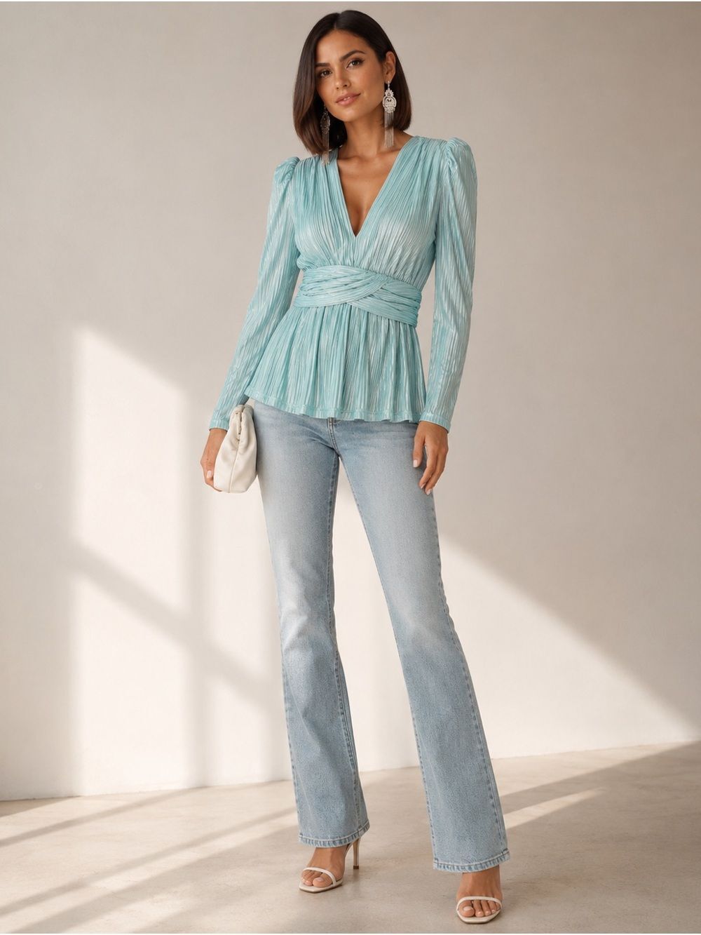 Boston Proper Metallic Pleated Knit Long Sleeve Blouse Size S